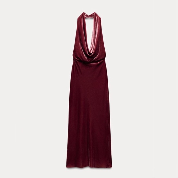 NWOT Zara Raspberry Pink Velvet Maxi Dress Halter Neck Open Back Size XS - Picture 7 of 9